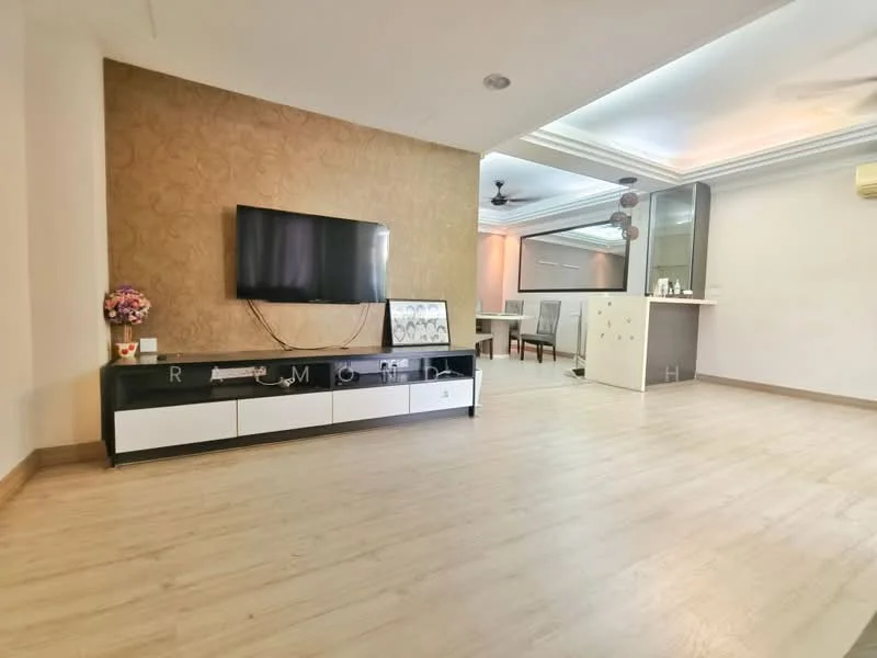 Living features: light wood laminate flooring, feature wall with gold patterned wallpaper, black and white TV console, wall-mounted flat-screen TV, decorative vase with flowers, ceiling fan, recessed lighting, open layout to dining area, dining table visible in background, neutral wall color; style: modern.