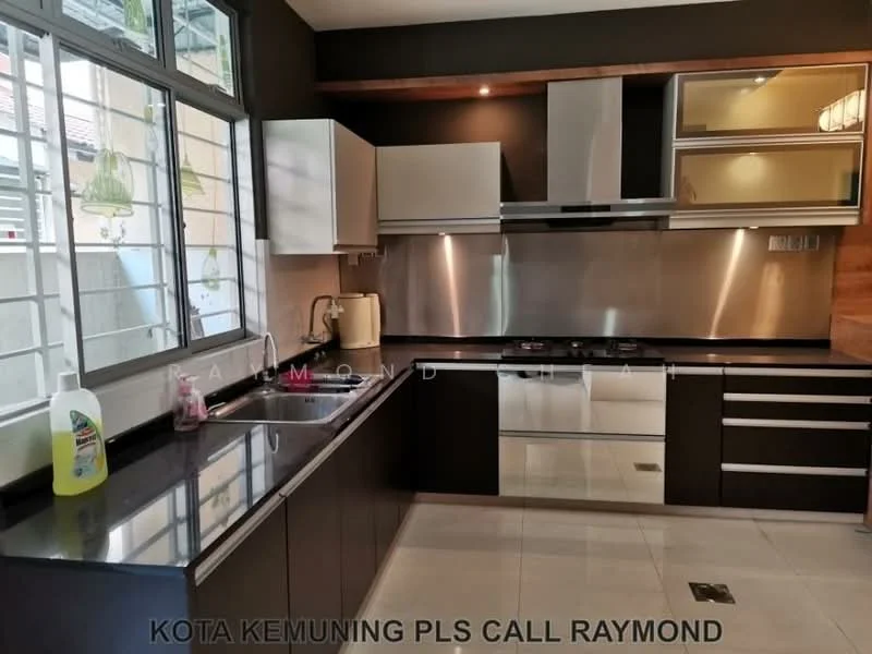 Kitchen features: black granite countertop, stainless-steel backsplash, stainless-steel built-in oven, stainless-steel gas hob, stainless-steel range hood, white cabinetry with flat-panel design, single-bowl stainless-steel sink, chrome pull-down faucet, cream tiled flooring, large window for natural light, under-cabinet lighting; style: modern.