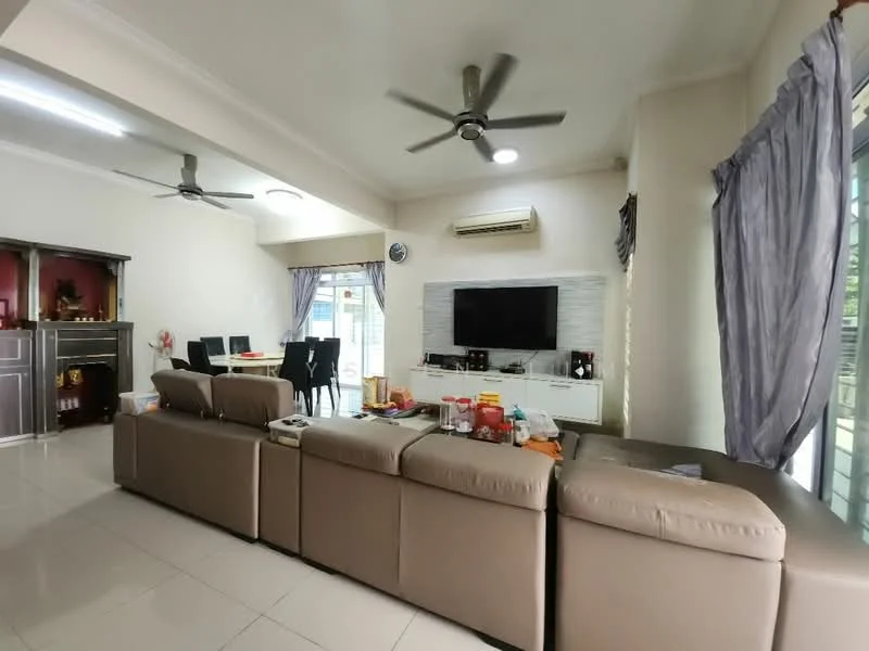 Living features: 3-seater leather sofa in beige, coffee table, wall-mounted TV, TV console, 2 ceiling fans, recessed downlights, cream painted walls, white tiled flooring, sliding glass door, sheer curtains, decorative wall panel, dining area visible in background; style: modern.