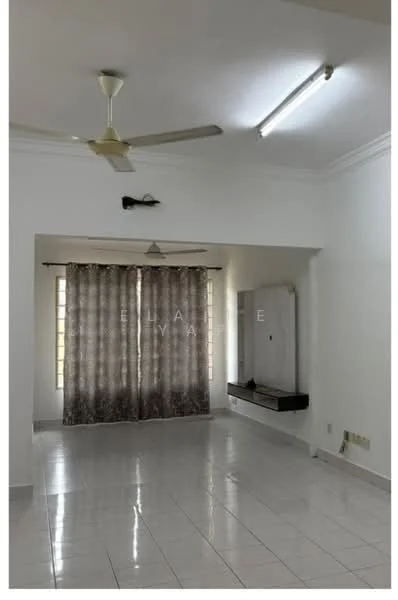 Living features: white painted walls, glossy white tile flooring, 5-blade ceiling fan with light, recessed LED downlights, curtains with a floral pattern, wall-mounted shelf, large windows, neutral color scheme; style: modern.