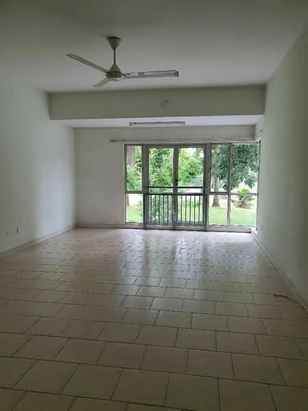 Living features: white painted walls, tile flooring, 5-blade ceiling fan, floor-to-ceiling windows, sliding glass door, view of garden, natural light, neutral color scheme; view: garden.