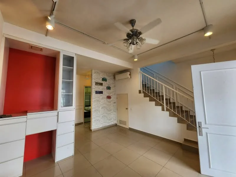 Room features: white painted walls, red accent wall, ceiling fan with light, recessed downlights, tile flooring, staircase with white railing, air conditioning unit, built-in cabinetry, open layout, door leading to another room; style: modern.