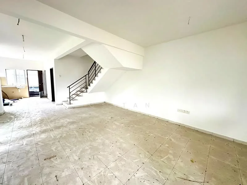 Room features: white painted walls, tile flooring, staircase with metal railing, large windows for natural light, open layout, unfinished space, no visible furniture, neutral color scheme; style: modern.