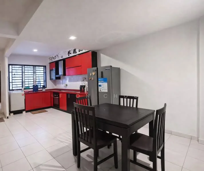 Kitchen features: red cabinetry, white countertop, stainless-steel fridge, built-in oven, 4-burner gas hob, single-bowl stainless-steel sink, chrome pull-down faucet, tile flooring, window with black grille, dining table with 4 chairs; style: modern.