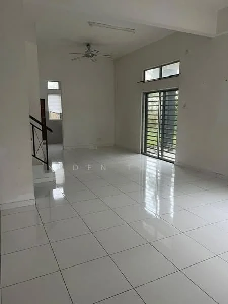 Living features: white painted walls, glossy white tile flooring, 5-blade ceiling fan, floor-to-ceiling windows, sliding glass door, natural light from windows, open layout, staircase leading to upper level; style: modern; view: garden.