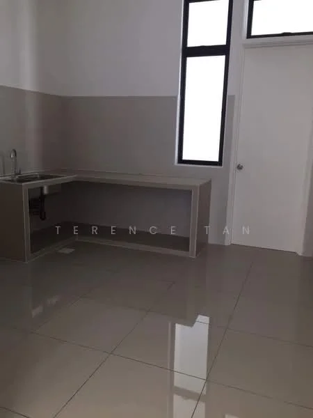 Kitchen features: single-bowl stainless-steel sink, chrome pull-down faucet, laminate countertop, white painted walls, grey accent wall, ceramic tile flooring, floor-to-ceiling windows, built-in cabinetry; style: modern.