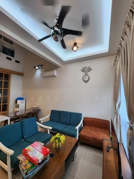 Living features: 5-blade ceiling fan with light, recessed downlights, cream painted walls, white ceiling with crown moulding, grey tiled flooring, 2-seater fabric sofa in teal, 3-seater fabric sofa in teal, brown leather sofa, wooden coffee table, decorative wall clock, window with sheer curtains, wooden shelving unit; style: modern.