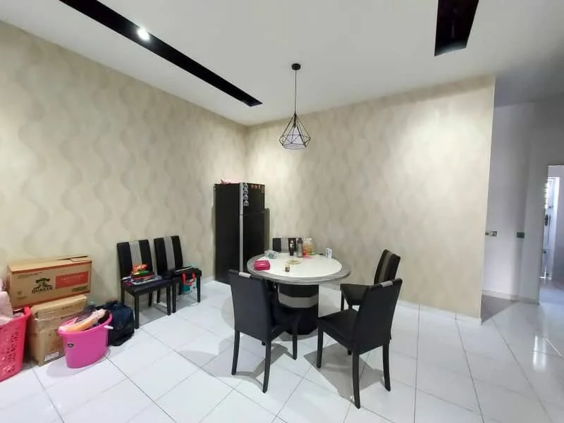 Dining features: round dining table, 4 black upholstered dining chairs, white ceramic plates on table, black fridge, white tiled flooring, textured wallpaper with wave pattern, pendant light fixture, wall-mounted light, boxes for storage, pink storage basket; style: modern.