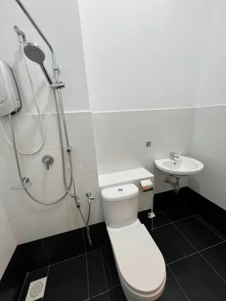Bathroom features: white tiled walls, black tile flooring, one-piece toilet, bidet spray, shower with handheld showerhead, wall-mounted shower mixer, soap dispenser, small sink, mirror above sink, drainage floor grate; style: modern.