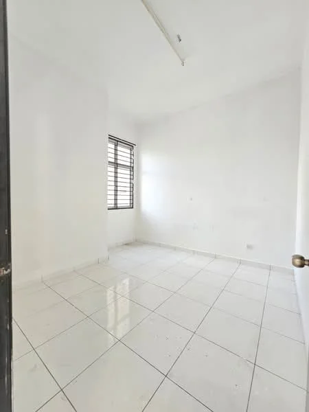 Room features: white painted walls, white tiled flooring, single window with horizontal bars, ceiling light fixture, no visible furniture, empty room; style: minimalist.