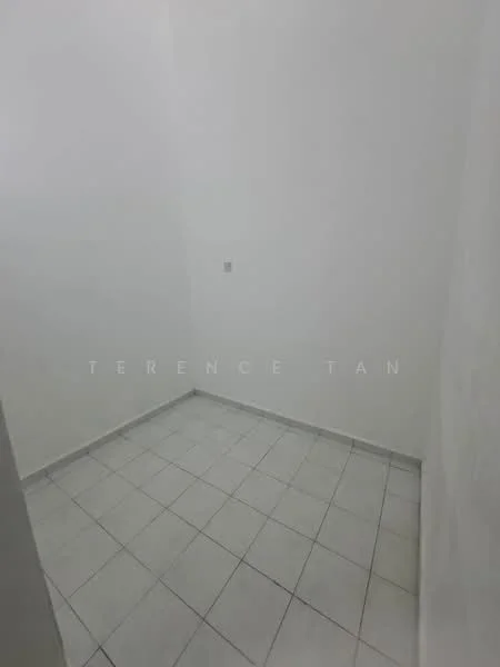 Room features: white painted walls, tile flooring, square floor tiles, single light fixture, no visible windows, empty space; style: minimalist.
