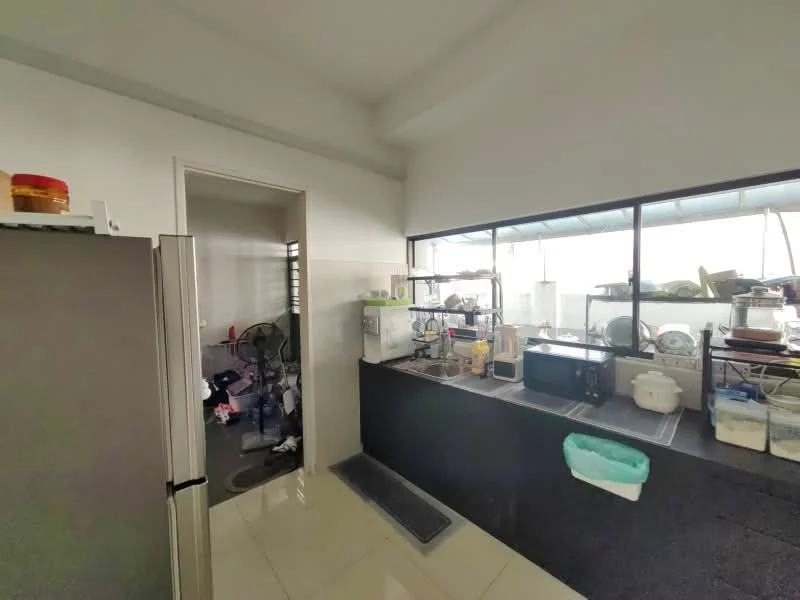 Kitchen features: grey granite countertop, stainless-steel fridge, built-in microwave, black cabinetry, kitchen sink, window with natural light, ceramic tile flooring, open shelving, kettle, toaster, dishwasher, cooking utensils, small appliances; style: modern. Room features: floor fan, storage area.