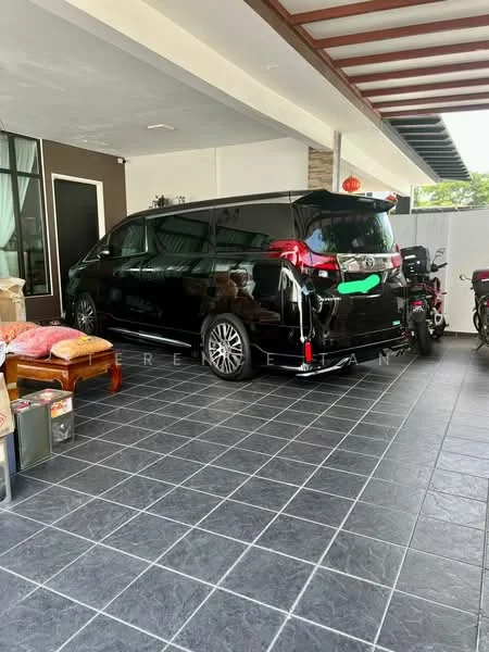Exterior type: car porch; features: tiled flooring, black minivan, motorcycle, covered car porch, white painted walls, decorative lanterns, outdoor seating area, manicured landscaping; style: modern.