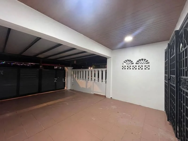 Exterior features: covered patio, tile flooring, white painted walls, wooden ceiling, decorative wall with cut-out design, black metal grille, outdoor lighting; style: modern.