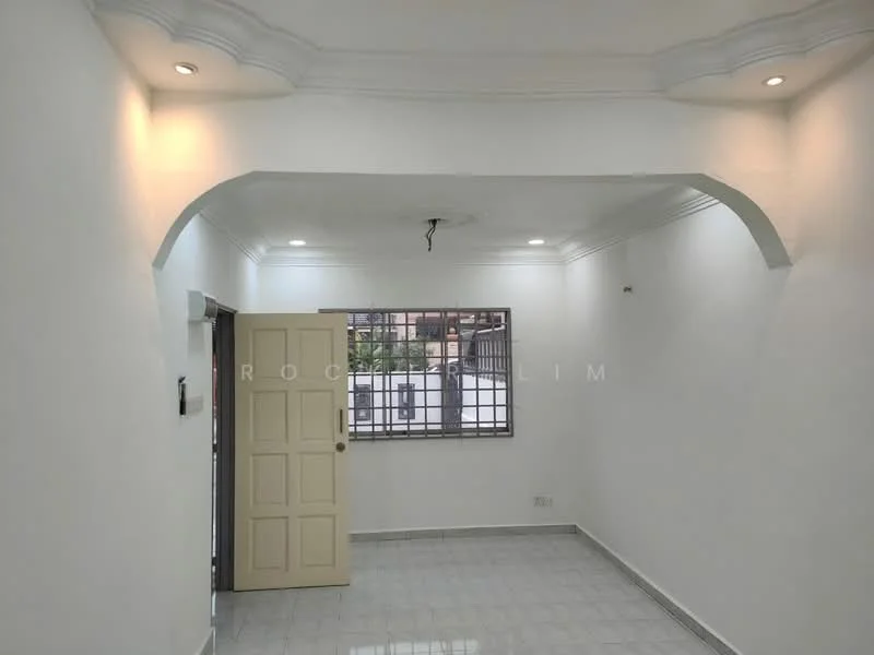 Room features: white painted walls, glossy tile flooring, tray ceiling, recessed downlights, arched doorway, single door, window with metal grille, neutral color scheme; style: modern; view: garden.