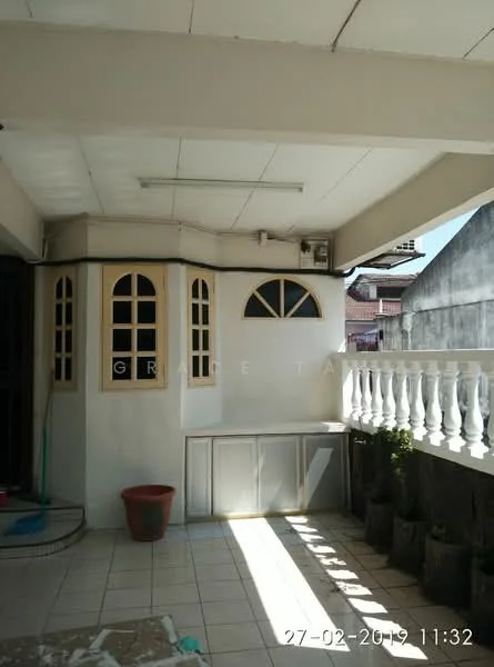 Room features: tiled flooring, white painted walls, ceiling with fluorescent lighting, arched windows, built-in cabinetry, potted plants, railing, outdoor space; style: modern.