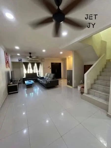 Living features: 3-seater fabric sofa in grey, 2-seater fabric sofa in grey, coffee table, wall-mounted TV, TV console, ceiling fan, recessed LED downlights, white painted walls, glossy tile flooring, floor-to-ceiling windows with sheer curtains, staircase leading to upper floor, decorative artwork on wall; style: modern.