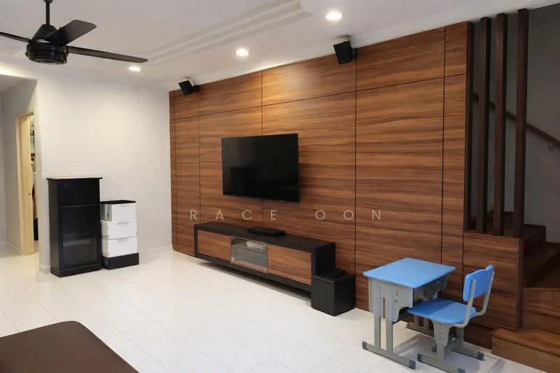 Living features: wood feature wall, flat-screen TV mounted on wall, black entertainment unit, white side cabinet, ceiling fan, recessed lighting, white tiled flooring, staircase leading to upper floor, blue children's desk, black chair; style: modern.