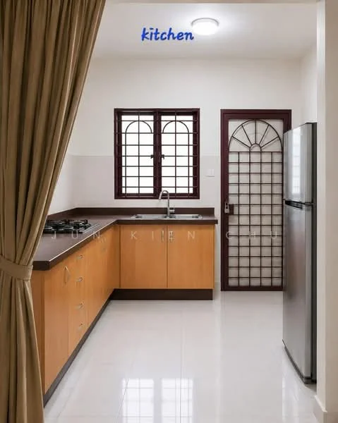 Kitchen features: brown wooden cabinetry, black countertop, stainless-steel fridge, 4-burner gas hob, single-bowl stainless-steel sink, chrome pull-down faucet, white tiled walls, glossy white floor tiles, two windows with decorative grills, ceiling light fixture; style: modern.