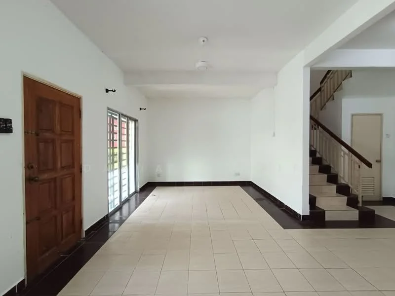 Living features: white painted walls, tile flooring in cream and dark brown, ceiling light fixture, wooden front door with panels, sliding glass door, staircase with wooden railing, large open space, no visible furniture; style: modern.