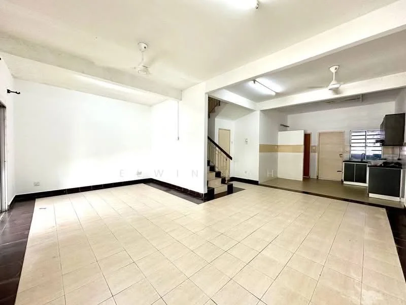 Room features: white painted walls, tile flooring, ceiling with recessed lighting, 2 ceiling fans, open layout, staircase visible, kitchen area visible, large windows, neutral color scheme; style: modern.