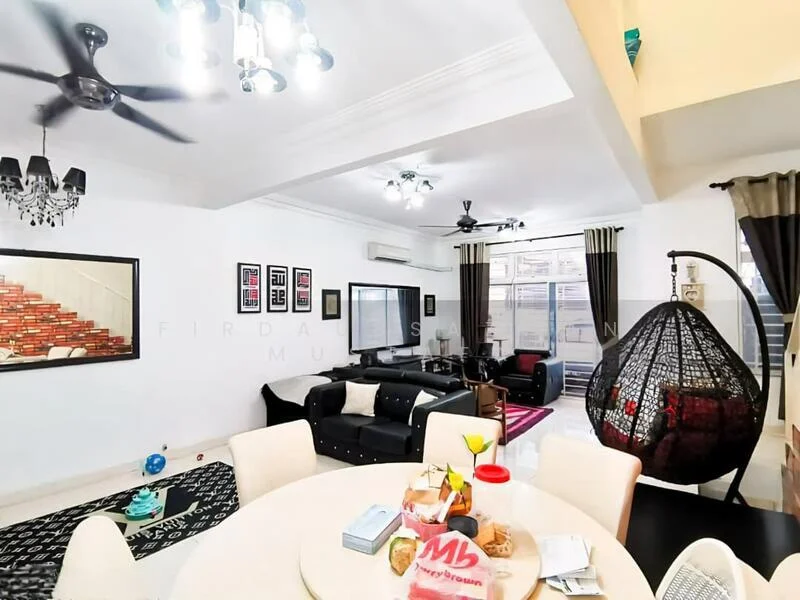 Living features: white painted walls, polished tile flooring, 5-blade ceiling fan with light, chandelier, black leather sectional sofa, round dining table with white chairs, TV console, wall-mounted TV, decorative wall art, hanging rattan chair, black curtains, area rug with geometric pattern; style: modern.
