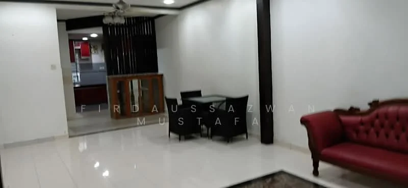 Living features: white painted walls, polished tile flooring, 5-blade ceiling fan with light, red leather sofa, glass dining table with black chairs, decorative area rug, wooden partition, recessed lighting; style: modern. Room features: white painted walls, polished tile flooring.
