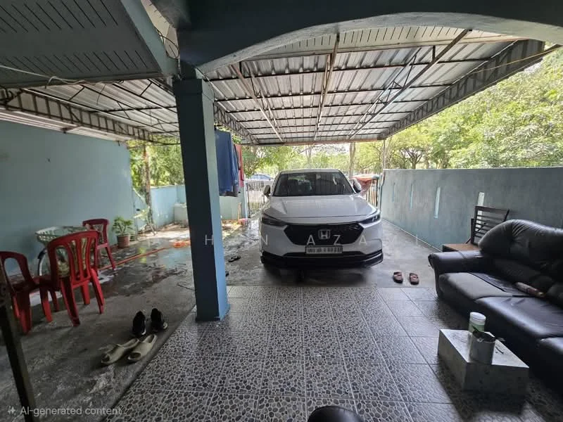 Exterior type: car porch; features: covered car porch, concrete flooring, metal roof, open space, surrounded by greenery, sliding glass door, outdoor seating area with sofa, red plastic chairs, decorative wall, parking space for one car; style: modern.