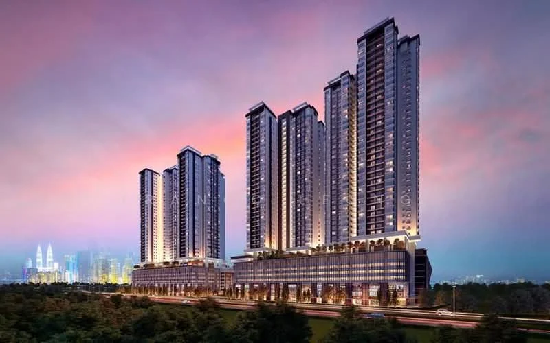 Exterior type: high-rise condominium; features: glass curtain wall, projecting balconies, feature lighting at night, approximately 20-storey high-rise, manicured landscaping, surrounded by mature greenery, urban context with city skyline in background; style: modern.