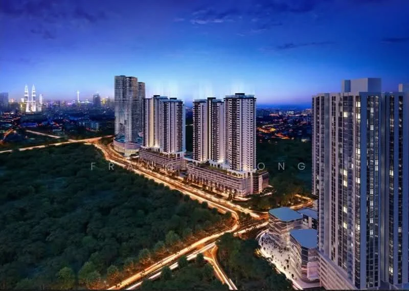 Exterior type: high-rise condominium; features: glass curtain wall, recessed balconies, surrounded by mature greenery, night lighting, urban skyline view, multiple high-rise buildings, landscaped grounds, access roads, city skyline in background; style: modern.