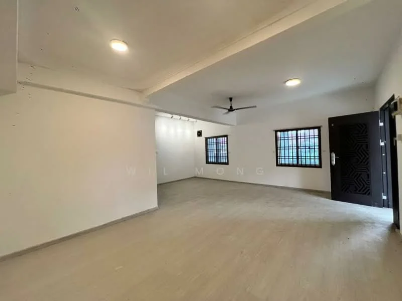 Room features: white painted walls, light grey flooring, 5-blade ceiling fan, recessed downlights, two windows with black frames, black main door with geometric design, open layout, no visible furniture; style: modern.