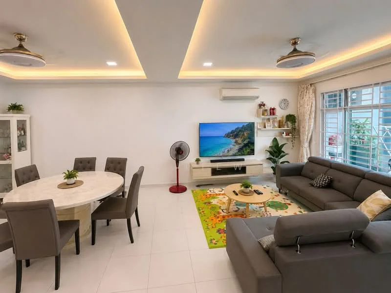 Living features: L-shape sectional sofa in grey, round dining table, upholstered dining chairs, TV console, wall-mounted TV, area rug with colorful pattern, ceiling with recessed lighting, wall-mounted split AC, large windows with sheer curtains, decorative plants, fan with light, shelves with decorative items; style: modern; view: garden.
