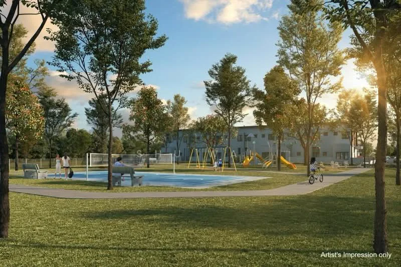 Exterior type: landscape garden; features: manicured lawn, mature trees, playground with swings, playground with slides, basketball court, walking path, benches, open green space, children's play area; style: modern.