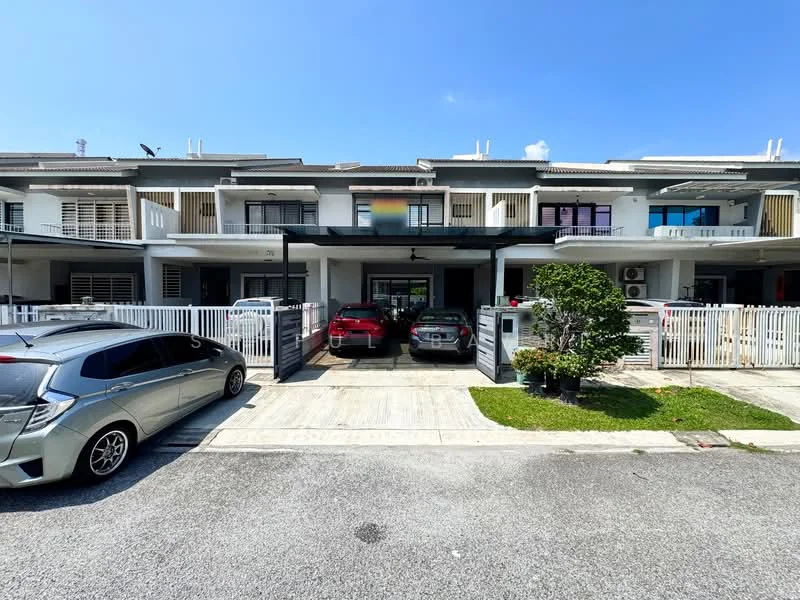 Exterior type: linked terrace house; features: two-storey building, white painted facade, covered car porch, manicured lawn, paved driveway, front garden with shrubs, balconies on upper floor, security gate, visible parking spaces, surrounded by residential area; style: modern.