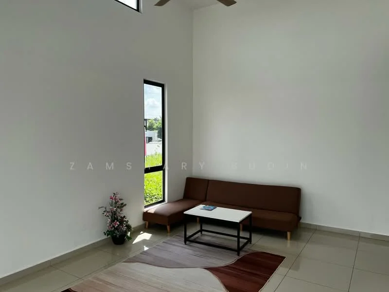 Living features: white painted walls, tile flooring, large window with black frame, ceiling fan, brown fabric sofa, black coffee table, area rug with geometric pattern, potted plant; style: modern; view: garden.