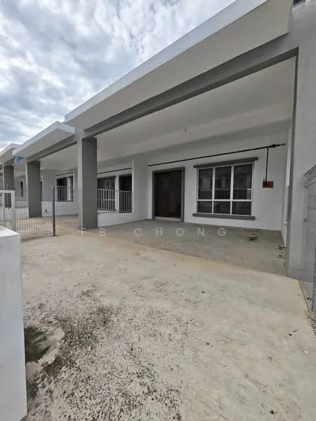 Exterior type: linked terrace house; features: grey painted facade, flat roof, single-storey, manicured lawn, paved walkway, fenced front yard, multiple windows, front porch area; style: modern.