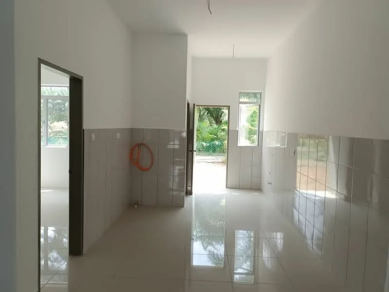 Room features: white painted walls, glossy ceramic tile flooring, large windows, doorway leading outside, corner window, no visible furniture, neutral color scheme, high ceiling; style: modern; view: garden.