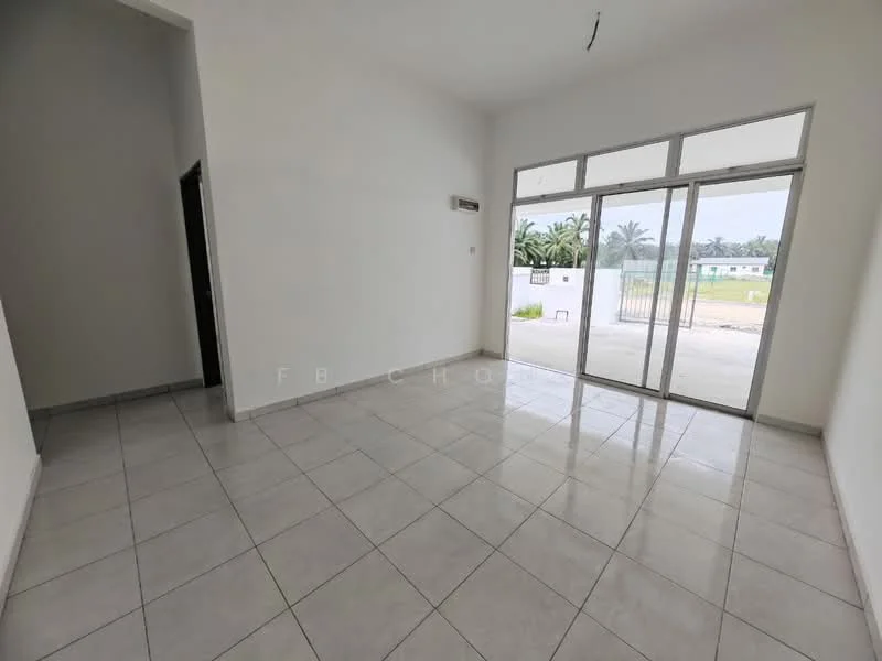 Room features: white painted walls, grey tiled flooring, large windows, sliding glass door, high ceiling, air conditioning unit, no visible furniture, natural light; style: modern; view: garden.