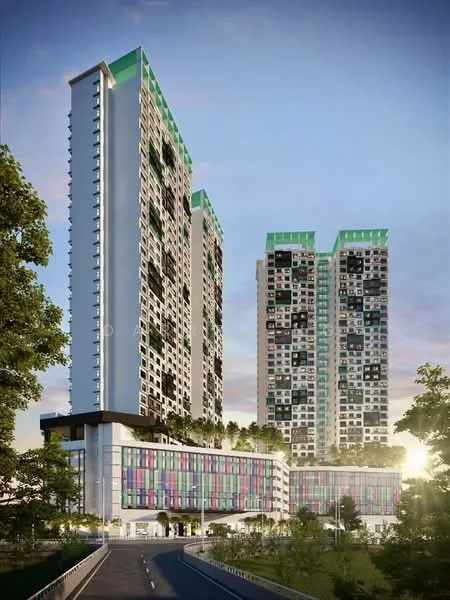Exterior type: high-rise condominium; features: glass curtain wall, green roof accents, projecting balconies, multi-storey structure, manicured landscaping, surrounded by trees, modern facade with colorful panels, driveway leading to entrance; style: modern.