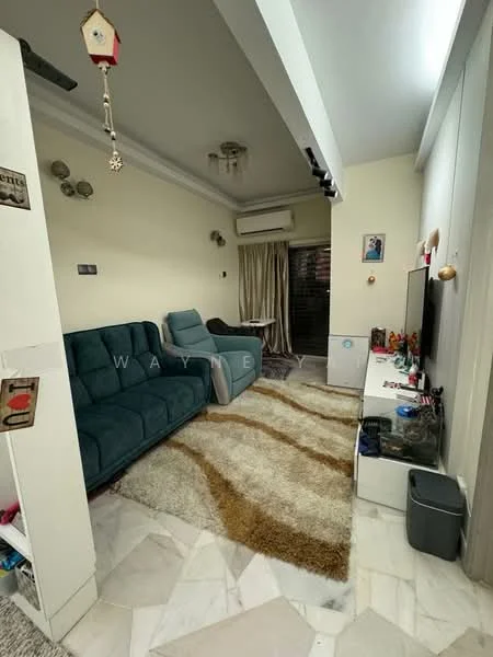 Living features: 3-seater fabric sofa in teal, 2-seater fabric sofa in light blue, area rug with geometric pattern, marble flooring, wall-mounted TV, TV console, recessed downlights, curtains, air conditioning unit, decorative wall art; style: modern.
