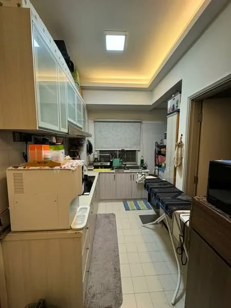 Kitchen features: light wood cabinetry, white countertop, single-bowl stainless-steel sink, chrome pull-down faucet, built-in microwave, freestanding fridge, ceramic tile flooring, recessed ceiling lights, window with sheer curtains, kitchen island with seating, colorful area rug, kitchen appliances on countertop, open shelving, wall-mounted storage racks; style: modern.