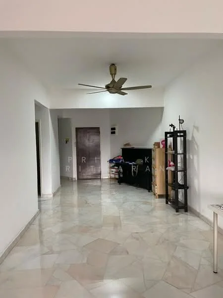 Room features: white painted walls, marble flooring, 5-blade ceiling fan, doorway leading to another room, wooden door, black TV console, wooden shelving unit, decorative items on shelving unit; style: modern.
