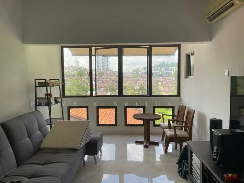 Living features: grey fabric sofa, round wooden coffee table, two wooden chairs, TV console, floor-to-ceiling windows, white painted walls, marble flooring, air conditioning unit; style: modern; view: city.