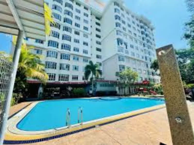 Exterior type: mid-rise condominium; features: swimming pool, pool deck with loungers, landscaped garden, palm trees, manicured lawn, multiple storeys, balconies on upper floors, outdoor shower, sunny weather, surrounded by greenery; style: modern.