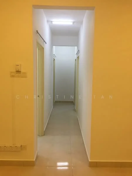 Room features: white painted walls, cream tiled flooring, flush ceiling lights, door frames, two doorways visible, narrow hallway layout.