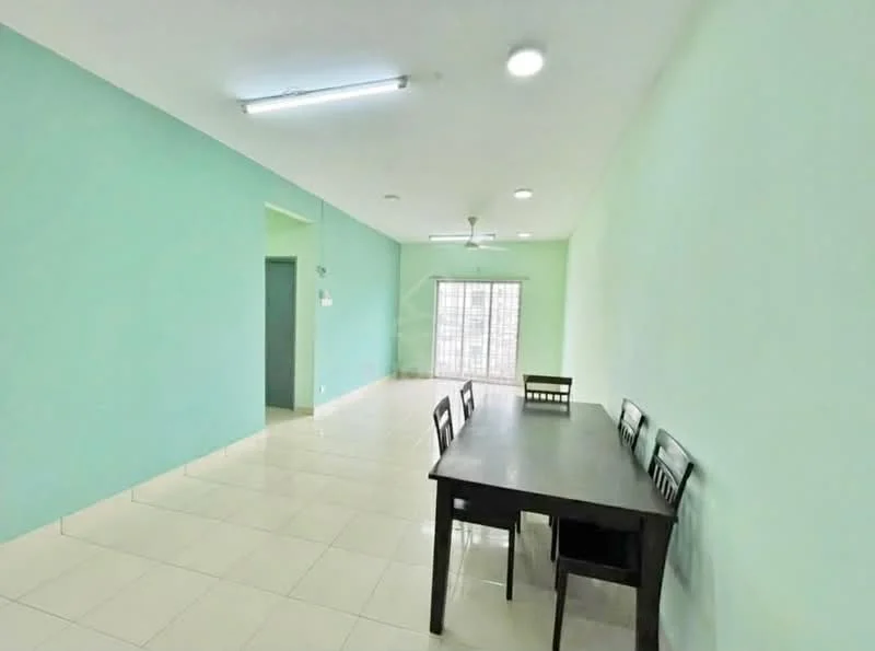 Dining features: light green painted walls, white ceiling, recessed downlights, 6-seater dining table in dark wood, 4 dining chairs, tiled flooring, floor-to-ceiling windows with sheer curtains, ceiling fan; style: modern.