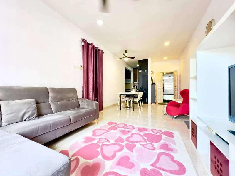 Living features: 3-seater fabric sofa in grey, area rug with heart pattern in pink, floor-to-ceiling windows with sheer curtains, ceiling fan, wall-mounted TV, TV console, decorative wall shelf, light-colored tiled flooring, purple curtains, dining area visible in background; style: modern.