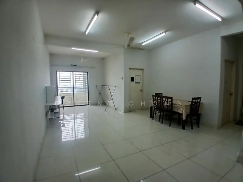 Living features: white painted walls, glossy white tile flooring, recessed LED downlights, 2-blade ceiling fan, sliding glass door, floor-to-ceiling windows, dining table with chairs, clothes drying rack; style: minimalist; view: city.