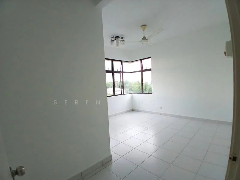 Room features: white painted walls, tile flooring, ceiling fan, large windows, natural light, corner windows, neutral color scheme, no visible furniture; style: minimalist; view: garden.