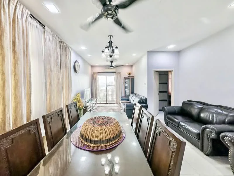 Dining features: 6-seater dining table, wooden dining chairs, decorative centerpiece, pendant light fixture, floor-to-ceiling windows, curtains, white walls, ceramic tile flooring, ceiling fan with light; style: modern; view: city. Living features: 3-seater leather sofa, 2-seater leather sofa, coffee table, TV console, wall-mounted TV, decorative wall clock, white walls, ceramic tile flooring, ceiling fan with light; style: modern; view: city.